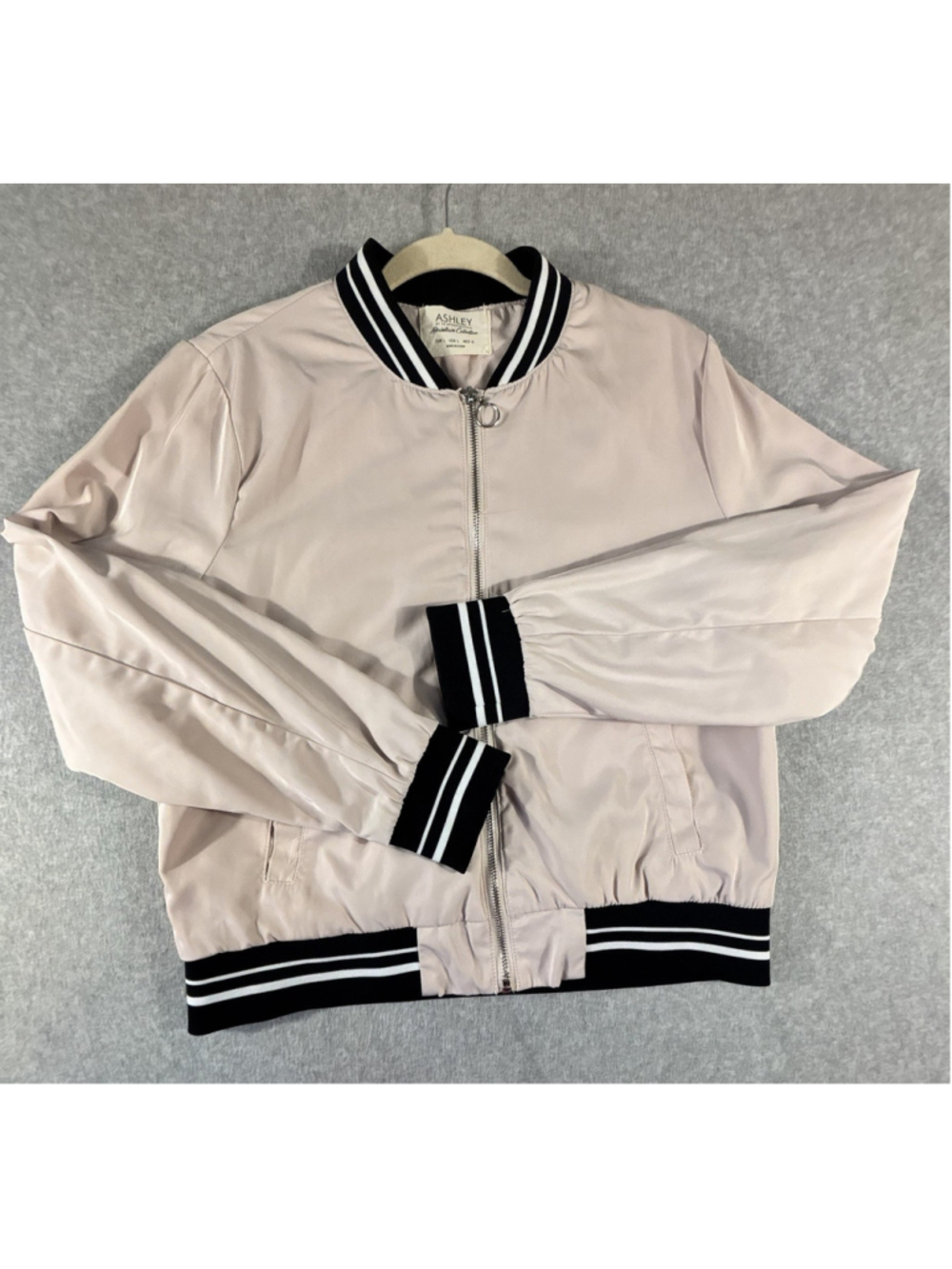 Ashley 26 International Women L Blush Pink Bomber Jacket Striped Trim
